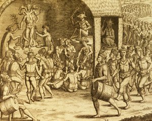 Rito religioso indígena sudamericano, grabado de Historia americae, por Theodor de Bry (1528-1598), Frankfurt de Theodore de Bry
