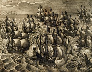Armada Española bajo el mando de Rodrigo Mendoza, grabado por Theodore de Bry (1528-1598) tomado de la Historia de América por Theodore de Bry, España, 1602 de Theodore de Bry