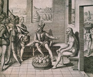 Conquistadores españoles encontrándose con mujeres nativas en América
