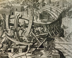 Marineros españoles construyendo carabela, grabado de Historia Americae, por Theodor de Bry (1528-1598) de Theodore de Bry