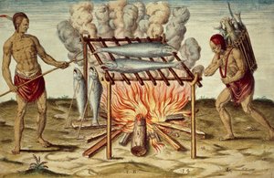 Nativos taínos cocinando pescado, grabado en color por Theodor de Bry (1528-1598) de una pintura de John White, de Brief and true report of new found land of Virginia