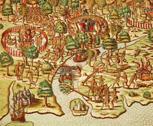Técnicas de asedio y ataque, grabado por Theodor de Bry (1528-1598), de Americae tertia pars de Theodore de Bry