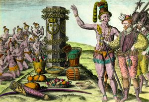 Los floridanos llegaron a la columna erigida por el navegante francés Jean Ribault (1520-1565) de la primera expedición a Florida. Grabado de “Historia de América” por Theodore De Bry (1528-1598) Siglo XVI. Colección privada de Theodore de Bry