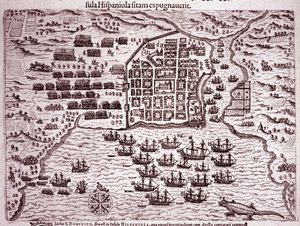 La flota de Francis Drake ocupa la isla de Santo Domingo (Grabado) de Theodore de Bry