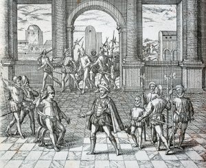 El rey inca Atahualpa siendo capturado por los españoles en Cajamarca, Ilustración de Historia Americana por Theodore de Bry