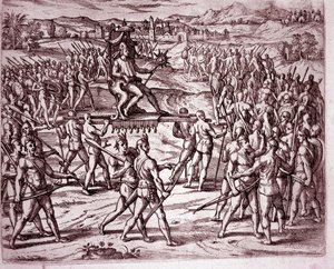 El rey inca, Atahualpa (o Atabaliba), sosteniendo un cetro en forma de sol, es llevado en una litera para encontrarse con Francisco Pizarro (Grabado) de Theodore de Bry