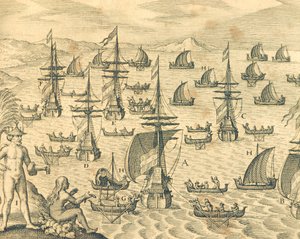 La Isla de los Ladrones, grabado de la Historia Americana de Theodore de Bry, América del Norte, siglo XVII de Theodore de Bry
