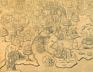 Los portugueses avanzan hacia el interior y son atacados por una tribu local de Theodore de Bry