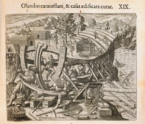 Los españoles construyendo su primer barco en el Nuevo Mundo de Theodore de Bry