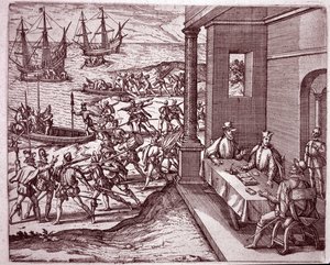 Los conquistadores españoles Francisco Pizarro, Diego de Almagro y Hernando de Luque unieron fuerzas para conquistar Perú (grabado) de Theodore de Bry