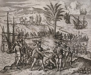 El arresto de Cristóbal y Bartolomé Colón por orden de Francisco de Bobadilla de Theodore de Bry