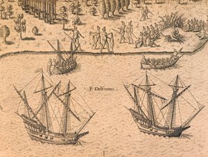La llegada de los barcos franceses a Florida de Theodore de Bry