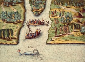 La llegada de los franceses, grabado de Theodore de Bry, del Discurso de Florida