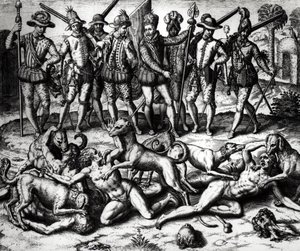 Los perros de Vasco Núñez de Balboa (1475-1571) atacando a los indios