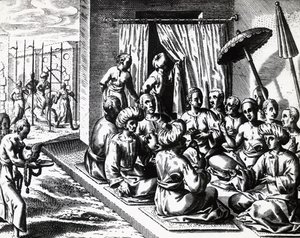 Ceremonia de boda en Bantam, Isla de Java, por Theodor de Bry, grabado de Theodore de Bry