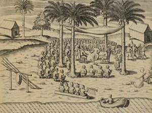 Bienvenida de los nativos africanos indígenas, Ilustración del Indiae Orientalis de Antonio Pigafetta, por Theodore de Bry