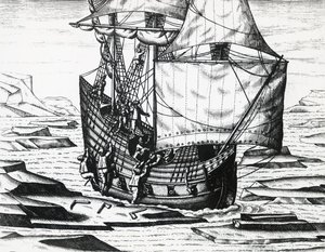 Barco de William Barents durante la tercera expedición holandesa en busca del Paso del Noreste, por Theodor de Bry, grabado