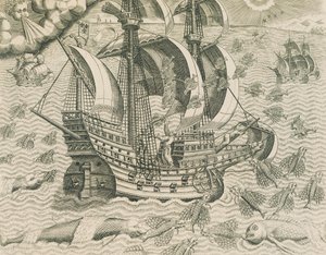Pez alado de los mares de las Indias, Ilustración de Historia Americana de Theodore de Bry