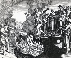 Mujer arrojándose a la pira de su esposo, por Theodor de Bry, grabado