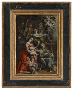 La Sagrada Familia con Santa Ana, otros santos y ángeles (óleo sobre papel colocado sobre tabla) de Theodore van Loon