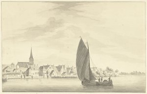 El pueblo de Gouderak con un velero en primer plano de Theodorus Cornelis Schutter