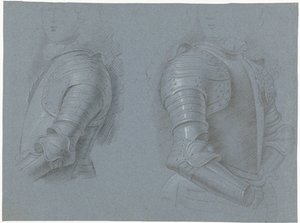 Hoja de estudio que muestra los lados izquierdo y derecho de una coraza de Theodorus Netscher