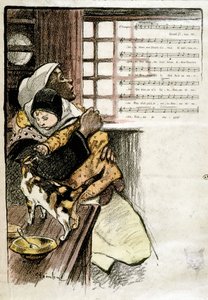 Niño en brazos de una mujer jugando con un gato, ilustrado por Steinlen para partituras, s. XIX de Théophile Alexandre Steinlen