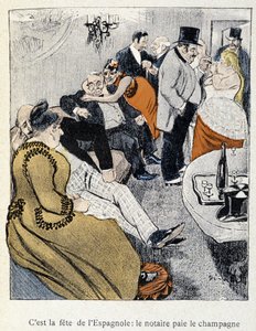 Filles et Marlous: Es la fiesta de los españoles: el notario paga el champán - en “Dans la vie”, por Steinlen 1901 de Théophile Alexandre Steinlen