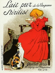 Alimentos y bebidas. Leche Vingeanne. Niña con gatos. Cartel de Steinlen, Francia, c.1890 de Théophile Alexandre Steinlen