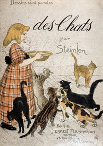 Niña trayendo un cuenco de leche a los gatos - portada de “Cats” por Steinlen, s.f. siglo XIX de Théophile Alexandre Steinlen