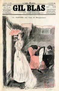 Ilustración de Steinlen del cuento "La Parure" de Guy de Maupassant. Madame Loisel se mira en el espejo mientras su esposo le quita los zapatos. Ella descubre que ha perdido el collar (río de diamantes) que le prestó su amiga Madame Fores