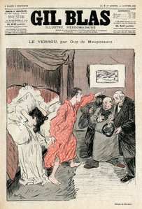 Ilustración de Steinlen del cuento "El candado" de Guy de Maupassant. Pareja ilegítima sorprendida en pleno acto amoroso - Adulterio, sorpresa. Portada de Gil Blas No. 4, 22 de enero de Théophile Alexandre Steinlen