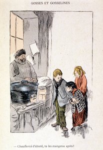 Niños y Gosselines: Caliéntate primero, te los comerás después! en “En la Vida”, por Steinlen 1901 de Théophile Alexandre Steinlen