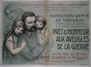 Póster publicitario de una venta de arte en ayuda de soldados ciegos