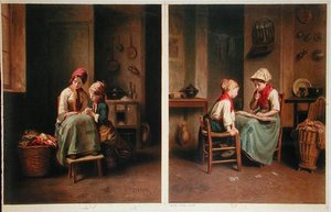 La lección y el juego de cartas, impreso en 1858 de Theophile Emmanuel (after) Duverger