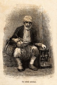 Un vendedor de café (cafedji) viajando, en el bazar de Trebisonda (actual Trabzon, en la costa del Mar Negro), grabado después de un dibujo del narrador, ilustrando un viaje a Lazistán y Armenia, de 1869, por Theophile Deyrolle, publicado en "Le tour du mo de Theophile Louis Deyrolle