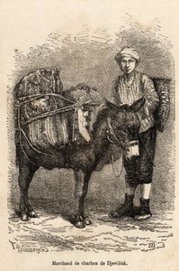 Un comerciante de carbón, con su burro, en Djewilisk (Anatolia del Norte), grabado después de un dibujo del narrador, ilustrando un viaje en Lazistán y Armenia, de 1869, por Theophile Deyrolle, publicado en 