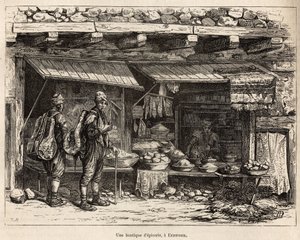 Una tienda de comestibles en Erzeroum (Armenia), grabado según un dibujo del autor, ilustrando el viaje en Lazistán y Armenia, por Theophile Deyrolles, en 1869, publicado en 