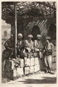 Un café armenio, un lugar de convivencia masculina, para beber café y fumar la pipa, grabado según un dibujo del autor, ilustrando el viaje en Lazistán y Armenia, por Theophile Deyrolles, en 1869, publicado en 