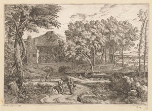 Paisaje arcádico con un rebaño de cabras junto al agua y una madre con un niño en un camino con otras figuras Suite de Paysages (título de la serie) de Théodore