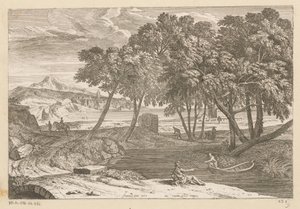 Paisaje arcádico con un pescador en un bote Suite de Paysages (título de la serie) de Théodore