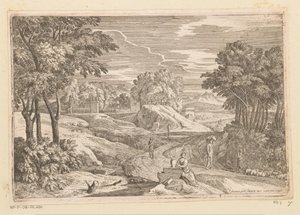 Paisaje arcádico con una mujer sentada junto a un jarrón y otras figuras. Suite de Paysages (título de la serie) de Théodore
