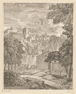 Paisaje arcádico con una cascada y una mujer debajo de un árbol Suite de paysages (título de la serie) de Théodore