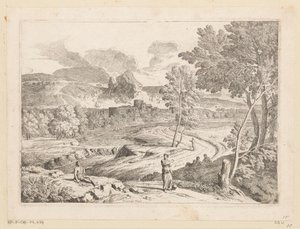 Paisaje arcádico con figuras a lo largo de un camino junto a un arroyo Suite de Paysages (título de la serie) de Théodore