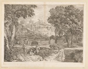 Paisaje arcádico con dos hombres y una mujer fructífera de Théodore