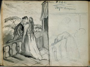 Los amantes Romeo y Julieta. Ilustración de la obra del mismo nombre de William Shakespeare (1564-1616) representando a los amantes besándose en el balcón. Boceto de Theodore Chasseriau (1819-1856) París. Museo del Louvre de Théodore Chassériau