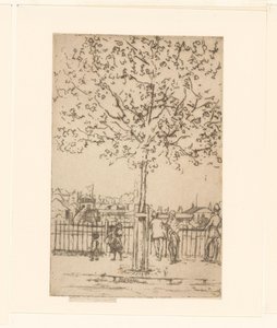 Seis figuras en una valla a lo largo de un río, en primer plano un árbol
Chelsea Embankment, junio, 5 P.M., 1889 de Théodore Roussel (signed by artist)