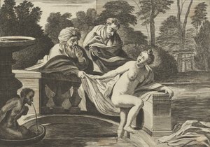 Susana, parcialmente desnuda y saliendo de una fuente con dos ancianos a la izquierda, ca. 1656-60 de Théodorus van Kessel