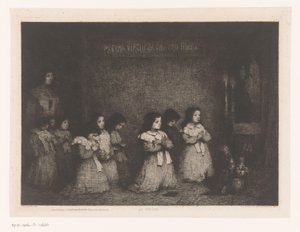 Grupo de niñas en oración frente a una estatua de María La Priere (título sobre objeto) Eaux-Fortes Modernes: Originales et Inédites (título de la serie)