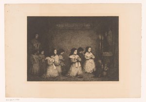Grupo de niñas en oración frente a una estatua de María La Priere (título sobre objeto) Eaux-Fortes Modernes: Originales et Inédites (título de la serie)